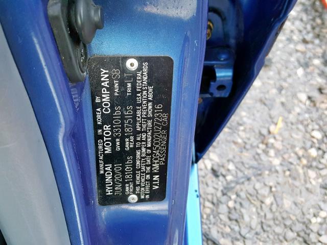 KMHCG45C02U272316 - 2002 HYUNDAI ACCENT GL BLUE photo 10