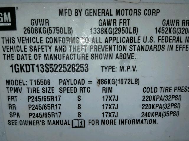 1GKDT13S522528253 - 2002 GMC ENVOY WHITE photo 10