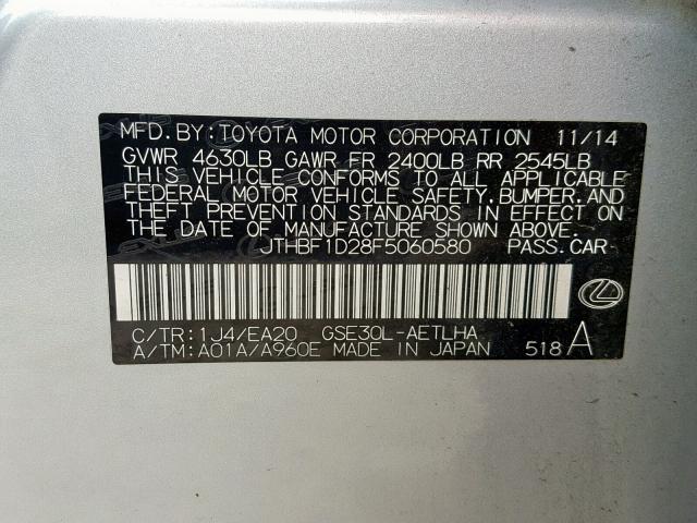 JTHBF1D28F5060580 - 2015 LEXUS IS 250 SILVER photo 10