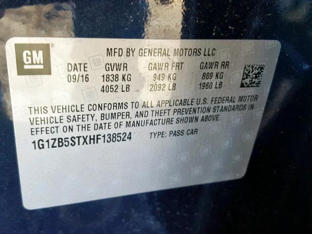 1G1ZB5STXHF138524 - 2017 CHEVROLET MALIBU LS BLUE photo 10