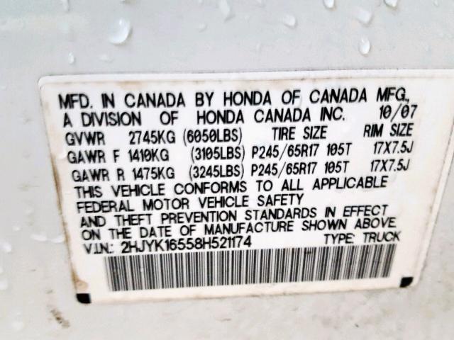 2HJYK16558H521174 - 2008 HONDA RIDGELINE WHITE photo 10