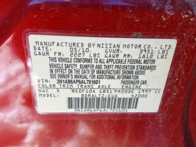 3N1AB6AP6AL701601 - 2010 NISSAN SENTRA 2.0 RED photo 10