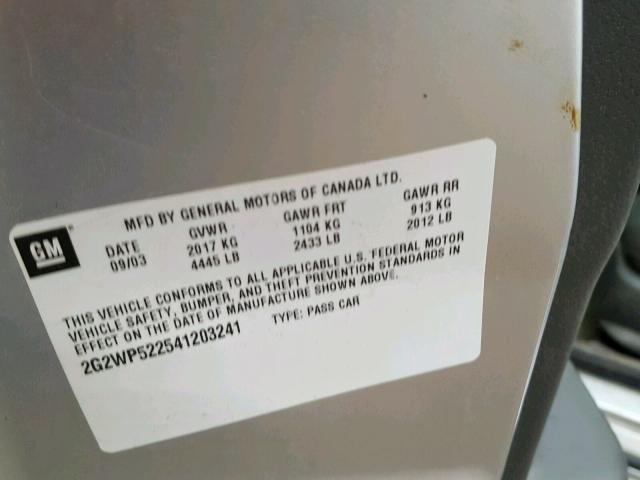 2G2WP522541203241 - 2004 PONTIAC GRAND PRIX SILVER photo 10