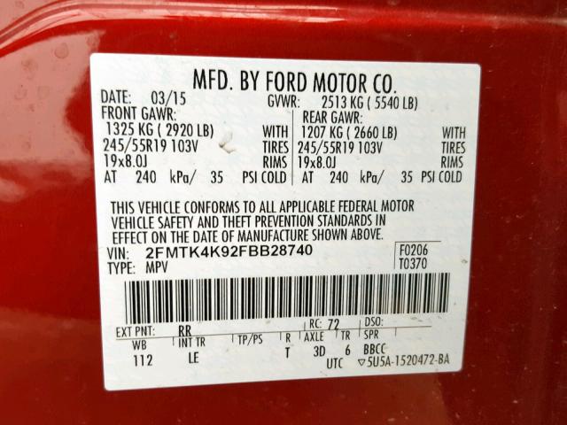 2FMTK4K92FBB28740 - 2015 FORD EDGE TITAN RED photo 10