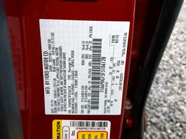 1FA6P0G73F5106128 - 2015 FORD FUSION S RED photo 10