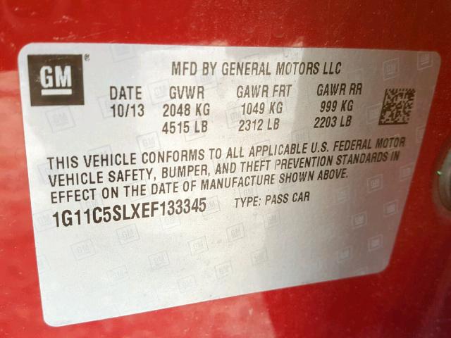 1G11C5SLXEF133345 - 2014 CHEVROLET MALIBU 1LT RED photo 10