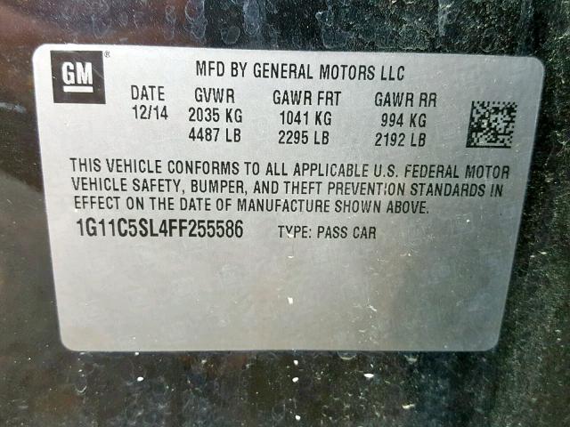 1G11C5SL4FF255586 - 2015 CHEVROLET MALIBU 1LT BLACK photo 10