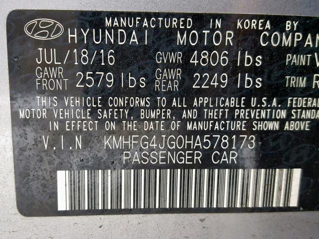 KMHFG4JG0HA578173 - 2017 HYUNDAI AZERA SILVER photo 10