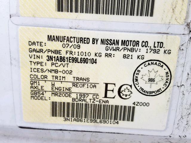 3N1AB61E99L690104 - 2009 NISSAN SENTRA 2.0 WHITE photo 10