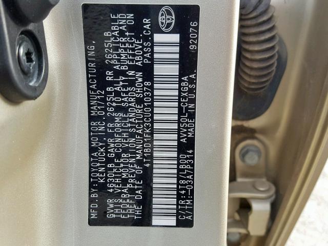 4T1BD1FK3CU010378 - 2012 TOYOTA CAMRY HYBR TAN photo 10