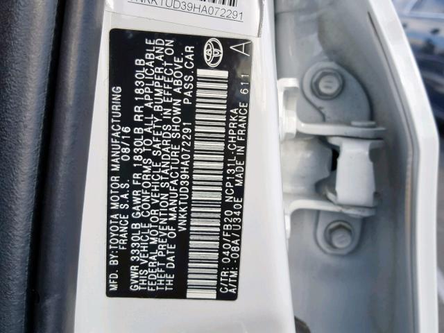 VNKKTUD39HA072291 - 2017 TOYOTA YARIS L WHITE photo 10