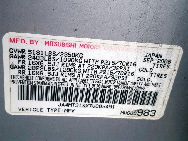 JA4MT31XX7U003491 - 2007 MITSUBISHI OUTLANDER SILVER photo 10