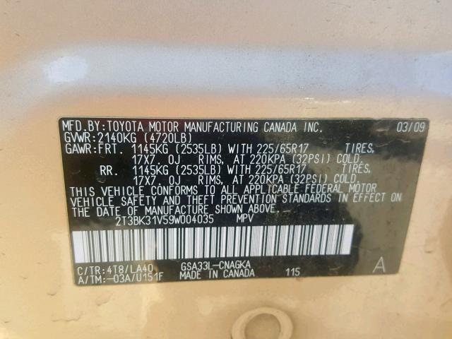 2T3BK31V59W004035 - 2009 TOYOTA RAV4 LIMIT GOLD photo 10