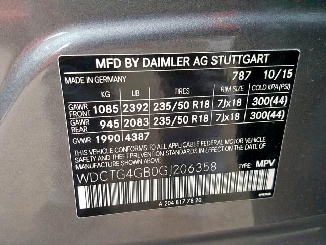 WDCTG4GB0GJ206358 - 2016 MERCEDES-BENZ GLA 250 4M GRAY photo 10