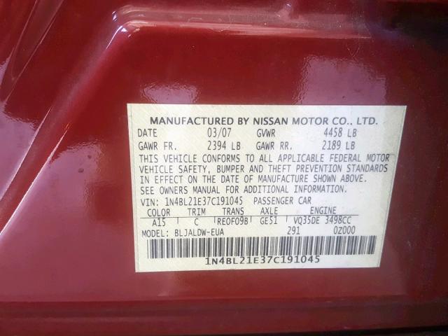 1N4BL21E37C191045 - 2007 NISSAN ALTIMA 3.5 RED photo 10