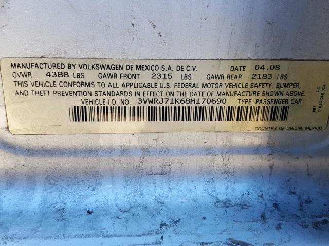 3VWRJ71K68M170690 - 2008 VOLKSWAGEN JETTA WOLF SILVER photo 10