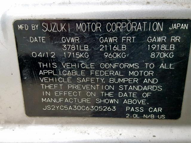 JS2YC5A30C6305263 - 2012 SUZUKI SX4 LE SILVER photo 10