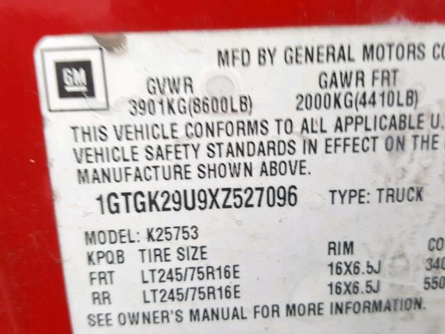 1GTGK29U9XZ527096 - 1999 GMC NEW SIERRA RED photo 10