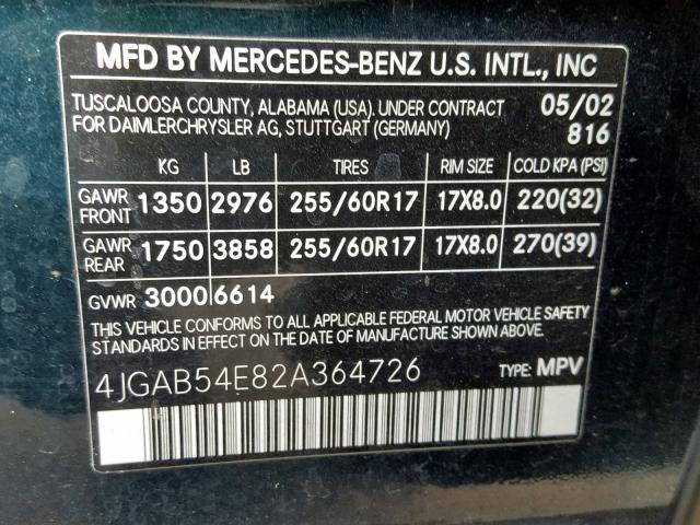 4JGAB54E82A364726 - 2002 MERCEDES-BENZ ML 320 GREEN photo 10