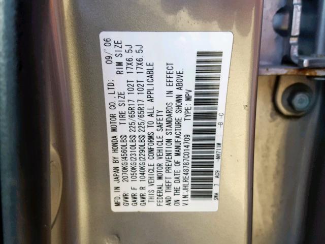 JHLRE48787C014709 - 2007 HONDA CR-V EXL SILVER photo 10