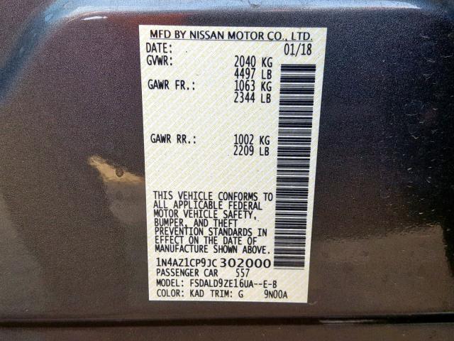 1N4AZ1CP9JC302000 - 2018 NISSAN LEAF S GRAY photo 10