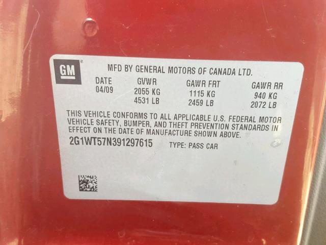 2G1WT57N391297615 - 2009 CHEVROLET IMPALA 1LT RED photo 10