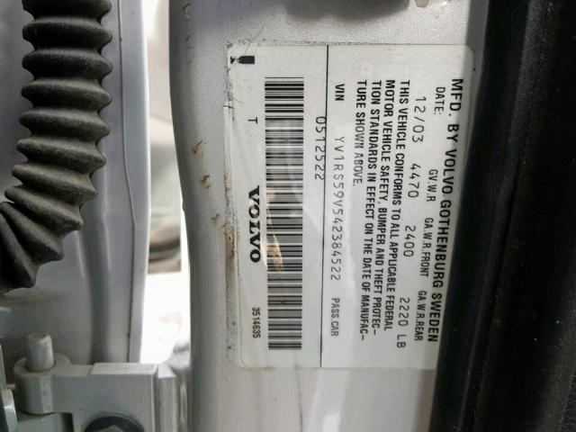 YV1RS59V542384522 - 2004 VOLVO S60 2.5T SILVER photo 10