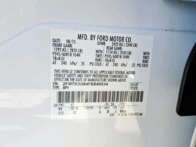 2FMTK3G84FBB89534 - 2015 FORD EDGE SE WHITE photo 10