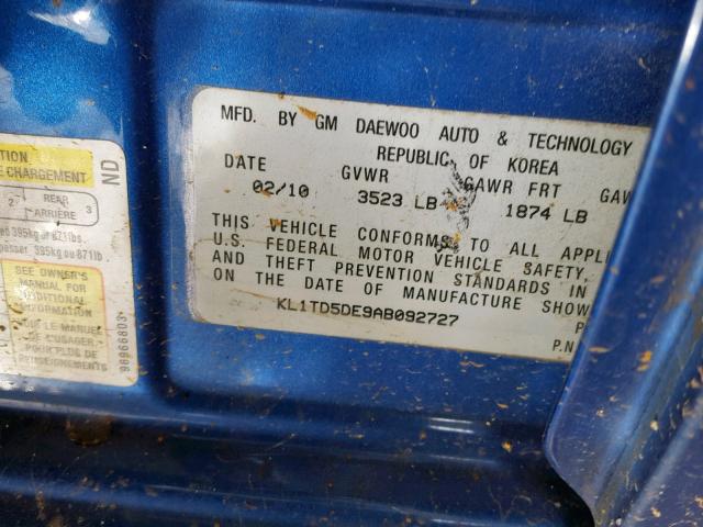 KL1TD5DE9AB092727 - 2010 CHEVROLET AVEO LS BLUE photo 10