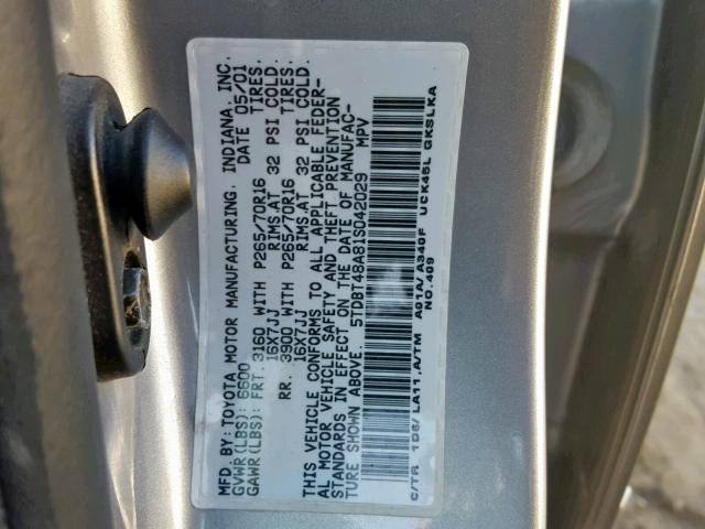 5TDBT48A81S042029 - 2001 TOYOTA SEQUOIA LI SILVER photo 10