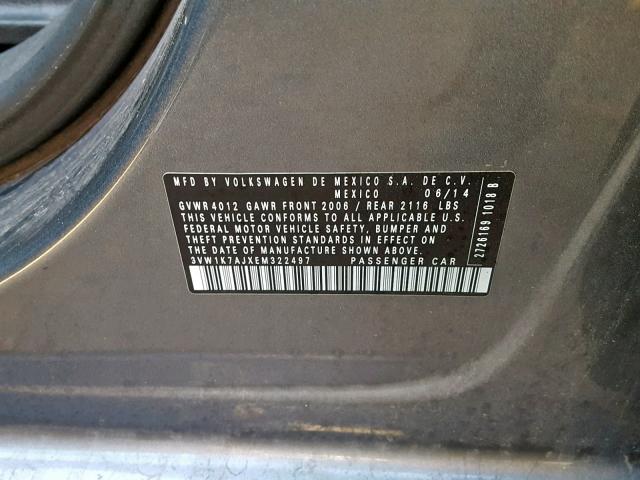 3VW1K7AJXEM322497 - 2014 VOLKSWAGEN JETTA BASE Մոխրագույն լուսանկար 10