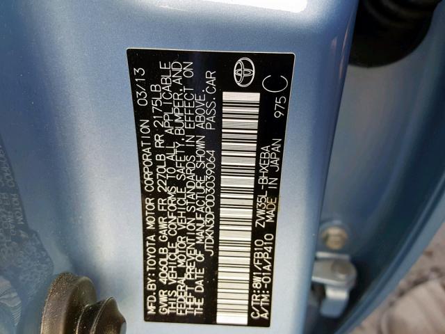 JTDKN3DP0D3039064 - 2013 TOYOTA PRIUS PLUG BLUE photo 10