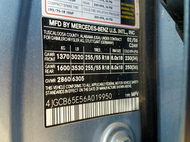 4JGCB65E56A019950 - 2006 MERCEDES-BENZ R 350 BLUE photo 10