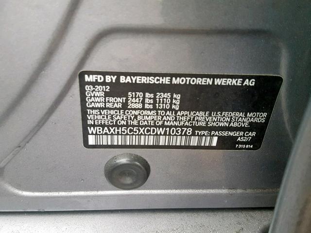 WBAXH5C5XCDW10378 - 2012 BMW 528 XI GRAY photo 10