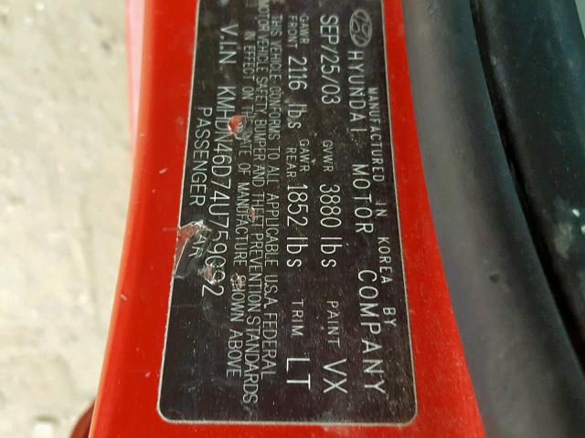 KMHDN46D74U759002 - 2004 HYUNDAI ELANTRA GT RED photo 10