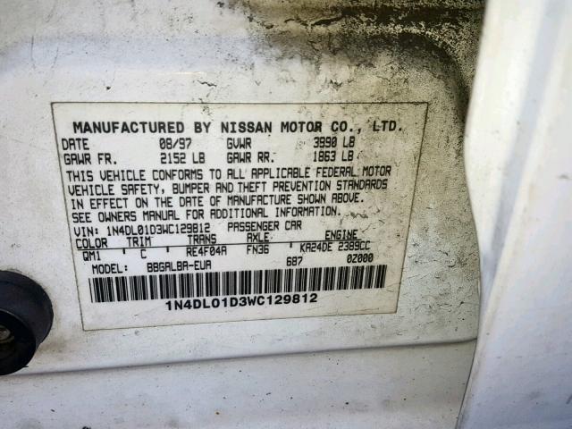 1N4DL01D3WC129812 - 1998 NISSAN ALTIMA XE WHITE photo 10