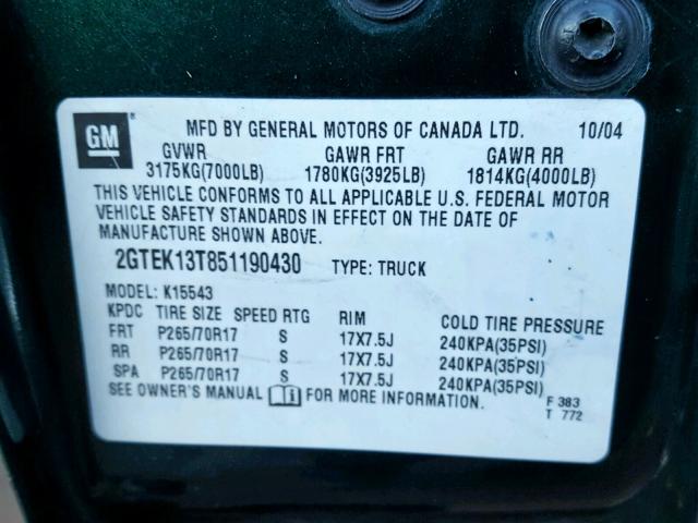 2GTEK13T851190430 - 2005 GMC NEW SIERRA GREEN photo 10