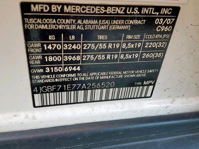 4JGBF71E77A256520 - 2007 MERCEDES-BENZ GL 450 4MA WHITE photo 10