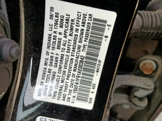 19XFA1F91AE003842 - 2010 HONDA CIVIC EXL BLACK photo 10