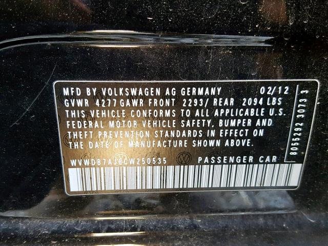 WVWDB7AJ8CW250535 - 2012 VOLKSWAGEN GOLF BLACK photo 10