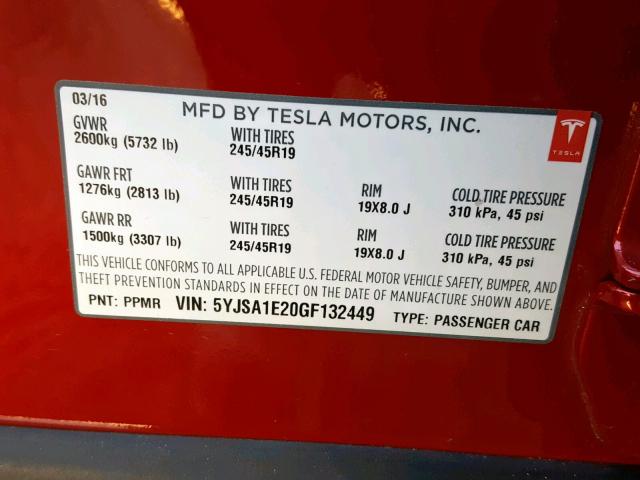 5YJSA1E20GF132449 - 2016 TESLA MODEL S RED photo 10