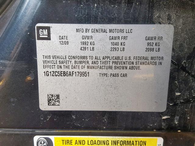 1G1ZC5EB6AF179951 - 2010 CHEVROLET MALIBU 1LT შავი ფოტო 10