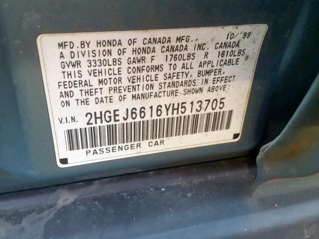 2HGEJ6616YH513705 - 2000 HONDA CIVIC BASE SILVER photo 10