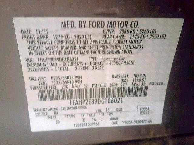 1FAHP2E89DG186021 - 2013 FORD TAURUS SEL GRAY photo 10