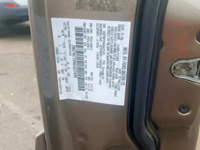 2MEFM75V06X627690 - 2006 MERCURY GRAND MARQ TAN photo 10