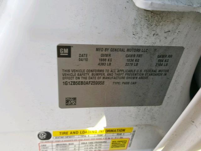 1G1ZB5EB0AF259958 - 2010 CHEVROLET MALIBU LS თეთრი ფოტო 10