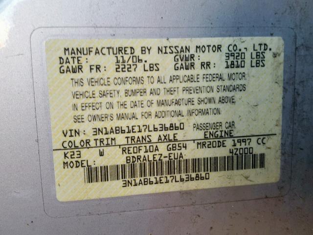 3N1AB61E17L636860 - 2007 NISSAN SENTRA 2.0 SILVER photo 10