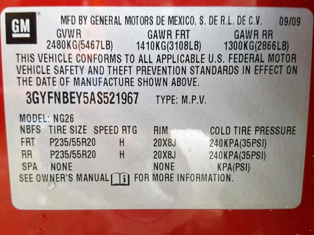 3GYFNBEY5AS521967 - 2010 CADILLAC SRX PERFOR RED photo 10