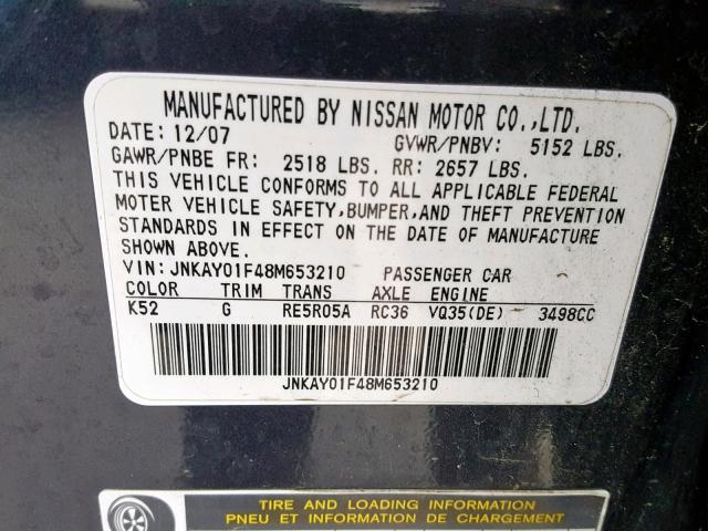 JNKAY01F48M653210 - 2008 INFINITI M35 BASE CHARCOAL photo 10