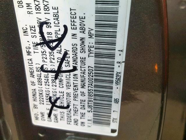 5J8TB18557A002507 - 2007 ACURA RDX TECHNO GRAY photo 10